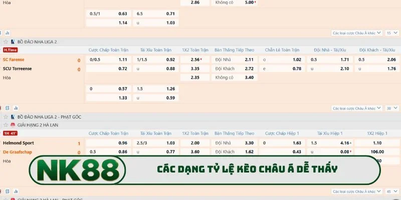 Các dạng tỷ lệ kèo châu Á dễ thấy